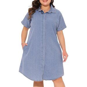 Plus Size Denim Dress for Women Short Sleeve Midi Button Down Pockets